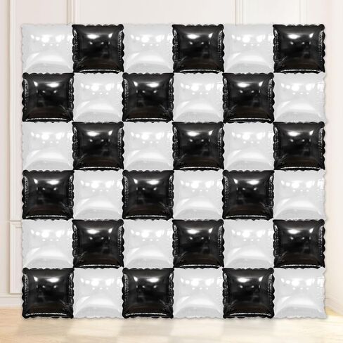 36 Pcs Black and White Square Foil Balloon Wall Backdrop Double Sided Race Car Checkered Balloons Backdrop Tunnel Arch Kit Mylar Square Balloons for Race Car Birthday Party Decorations in Saudi Arabia