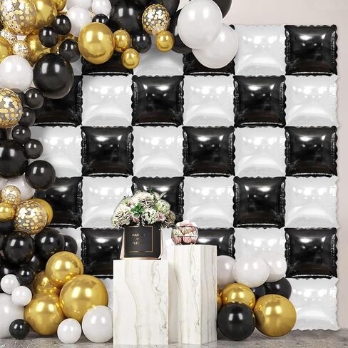 36 Pcs Black and White Square Foil Balloon Wall Backdrop Double Sided Race Car Checkered Balloons Backdrop Tunnel Arch Kit Mylar Square Balloons for Race Car Birthday Party Decorations in Saudi Arabia