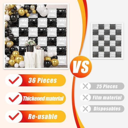 36 Pcs Black and White Square Foil Balloon Wall Backdrop Double Sided Race Car Checkered Balloons Backdrop Tunnel Arch Kit Mylar Square Balloons for Race Car Birthday Party Decorations in Saudi Arabia