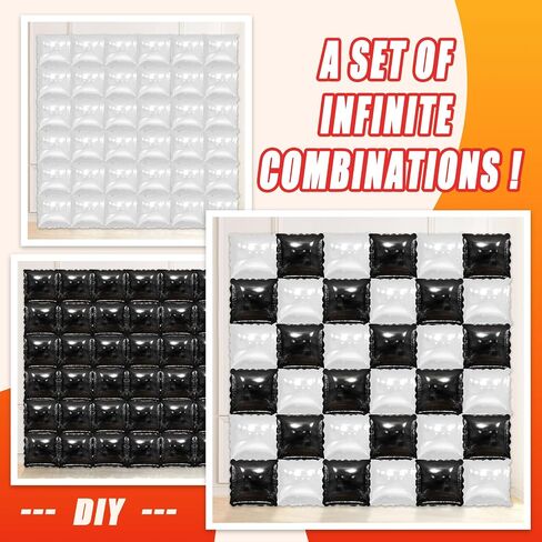 36 Pcs Black and White Square Foil Balloon Wall Backdrop Double Sided Race Car Checkered Balloons Backdrop Tunnel Arch Kit Mylar Square Balloons for Race Car Birthday Party Decorations in Saudi Arabia
