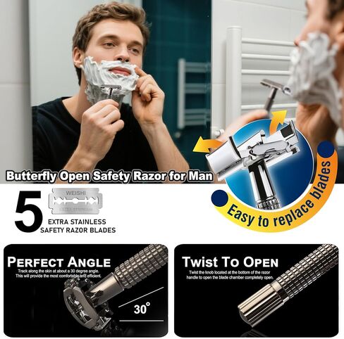WEISHI Safety Razor Double Edge Nostalgic Long Handle Butterfly Open Razor in Kuwait