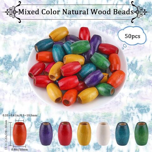 Gorgecraft 50pcs حبات خشب كبيرة الثقب 30 × 20 مم مطلي باللون الخشبي الطبيعية الفواصل الفضفاضة الفضفاضة كبيرة الحبة ملونة متنوعة للبريال قلادة المجوهر in Saudi Arabia