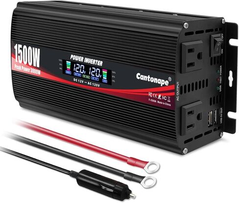 Cantonape 1000W/2000W (الذروة) محول طاقة السيارة DC 12V إلى 110V AC محول مع شاشة LCD منافذ تيار متردد مزدوجة وشاحن سيارة USB مزدوج للسيارة والمنزل والكمبيوتر المحمول في الهواء الطلق باللون الأحمر in Kuwait