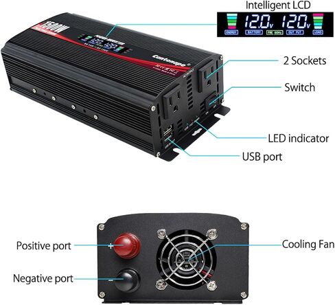 Cantonape 1000W/2000W (الذروة) محول طاقة السيارة DC 12V إلى 110V AC محول مع شاشة LCD منافذ تيار متردد مزدوجة وشاحن سيارة USB مزدوج للسيارة والمنزل والكمبيوتر المحمول في الهواء الطلق باللون الأحمر in Kuwait