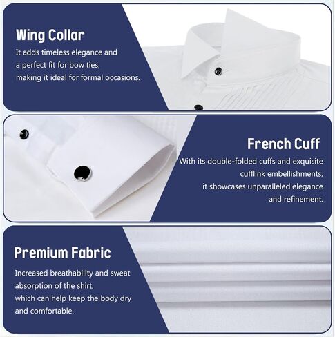 Gollnwe Men's Tuxedo Shirt Wing Collar French Cuffs with Cufflinks and Bow Tie in Saudi Arabia