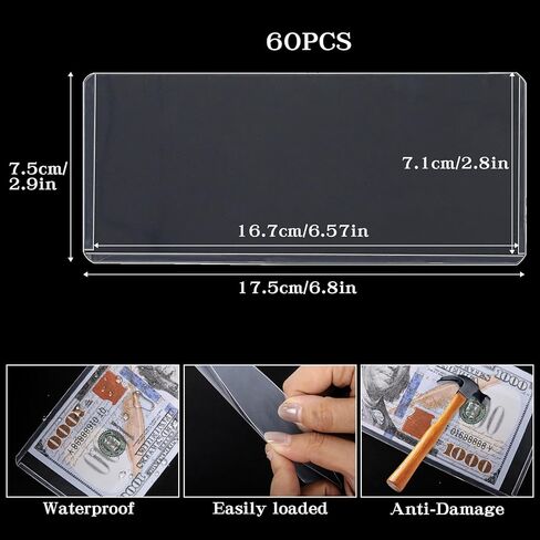 Klmnop 60 Pcs Hard Plastic Money Holder, 6.8 x 2.9 Inch Clear Paper Money Holder Currency Topload Holders, PVC Dollar Banknotes Sleeves, Waterproof Bill Protector(Clear) in Kuwait