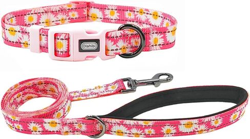 Reflective Dog Collar Leash Set, 5ft or 150CM Matching Leash, Floral Pattern, Durable Nylon with Reflective Stripes, 4 Sizes for Small Medium Large Dogs.(S, Pink Daisy) in Saudi Arabia