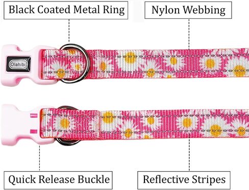 Reflective Dog Collar Leash Set, 5ft or 150CM Matching Leash, Floral Pattern, Durable Nylon with Reflective Stripes, 4 Sizes for Small Medium Large Dogs.(S, Pink Daisy) in Saudi Arabia