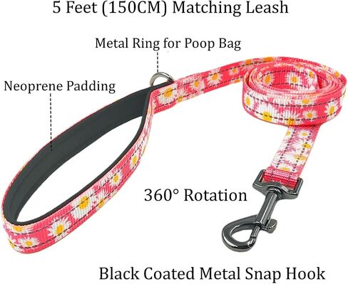 Reflective Dog Collar Leash Set, 5ft or 150CM Matching Leash, Floral Pattern, Durable Nylon with Reflective Stripes, 4 Sizes for Small Medium Large Dogs.(S, Pink Daisy) in Saudi Arabia