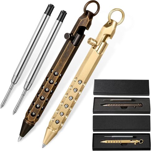 Chinco 6 Pcs Bolt Action Pen Sets for Men 2 Bolt Action 4 Ink Refills with 2 Gift Boxes Solid Brass Edc Pen Six-edge Pocket Metal Tactical for Father(Brass Color, Black) in Saudi Arabia
