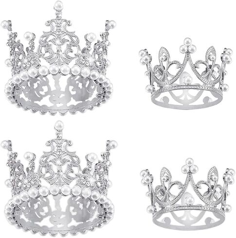 4 Pcs Crown Cake Topper Mini Pearl Tiara Cake Toppers Wedding Birthday Cake Topper for Girls Party Baby Shower Birthday Cake Decorations (Gold) in Saudi Arabia