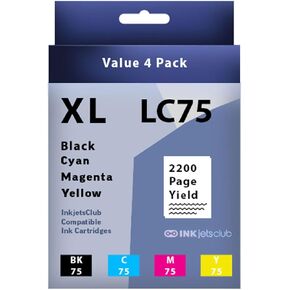 استبدال حبر الحبر عالي العائد ل LC75. يعمل مع MFC-J5910DW MFC-J6910DW MFC-J835DW MFC-J430W MFC-J6510DW MFC-J280W. 4 حزمة (أسود ، سماوي ، أرجواني ، أصفر)