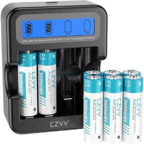 AA Rechargeable 1.5V Batteries with White LCD Fast-Charger (Pack of 8)