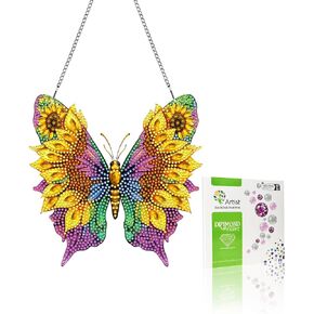 Vaiieyyo Butterfly Diamond Painting Hanging Ornament ، Sunflower Double Window Window Kit مع سلسلة ، 7.5 × 7.5 بوصة Crystal Prendant Art Craft للهدية جدار منزلي تزيين الباب الأمامي
