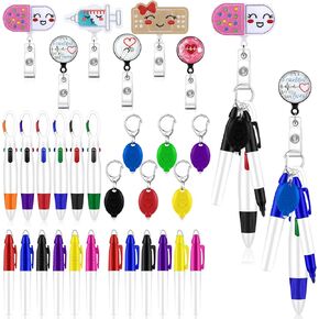 30 Pieces Nursing Badge Reel Mini Flashlight Keychain Permanent Markers Nursing Goodie Set Retractable Felt Badge Reel Mini Markers for Nurses Doctor Gifts (Red, Blue, Black, Purple, Yellow, Rose Red)