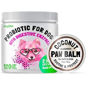 البروبيوتيك للكلاب مع الإنزيمات الجهاز الهضمي الطبيعية + prebiotics للحساسية والراحة الحكة 120 مضغ ناعم و Paw Balm Wax Cream و Cream مع زيت جوز الهند الطبيعي 2oz حزمة