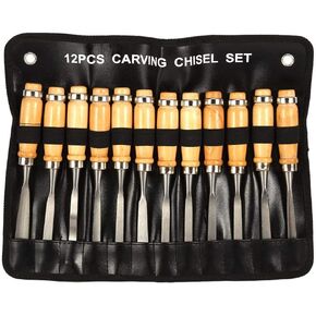 Wood Chisel Tool Set, 12pcs Woodworking Chisels Wood Carving Tools Trimming Down Wood Woodworking Lathe Gouges Tools with Roll-Up Carrying Case for Carpenter Craftsman,6mm (1/4"), 12mm (1/2")