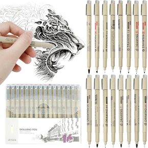 16 Pack Micro Pen Set Waterproof Archival Ink Set Black Micro Fine Point Drawing Pens Archival Ink Brush Pen for Painting, Sketching, Writing, and Drawing
