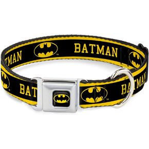 Dog Collar Seatbelt Buckle Batman Logo Stripe Yellow Black 15 to 26 Inches 1.0 Inch Wide