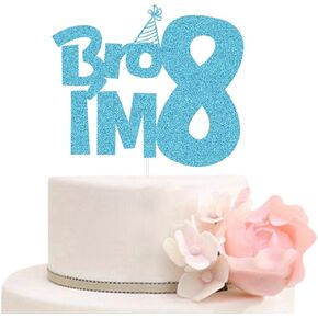 Funny Boys 8th Birthday Cake Topper, Bro I'm 8 Cake Decor, Eight Cake Sign, Happy 8th Birthday/Cheers to 8 Years Party Decorations Blue Glitter