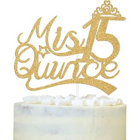 Gold Glitter Mis Quince 15 Cake Topper, 15th Birthday Cake Decor, Mis Años 15/Hello 15, Happy 15th Birthday Anniversary Party Decorations Supplies for Teen Girls