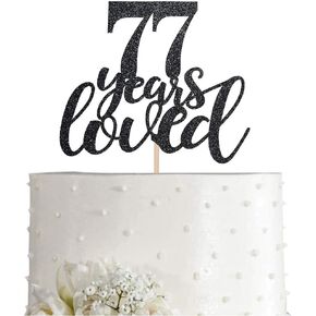 77 Black Glitter Happy 77th Birthday Cake Topper, Cheers to 77 Years Party Cake Topper Decorations, Supplies