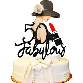 رائع 50 كعكة عيد ميلاد سعيد Topper- 3D أبيض زهرة قبعة ، أحمر الشفاه الأحمر ، مرحبا 50 مكياج ، هتافات إلى 50 أنيقة فتاة/امرأة حفلة عيد ميلاد.