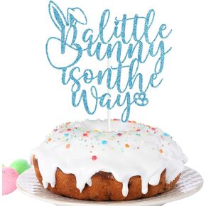 A Little Bunny Is On The Way Cake Topper, Baby Bunny Easter Cake Décor, Rabitt Ear Theme Baby Shower Gender Reveal 1st Birthday Party Decorations for Boys Blue Glitter