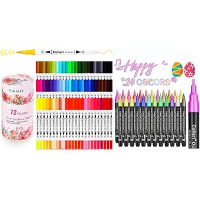 Caliart 72 Double Tip Brush Pens - 24 Color Double-Line Art Markers, Perfect for Cards and Doodle Drawing. Great Gift for Mothers Day or any Artist - Kids, Adults Included
