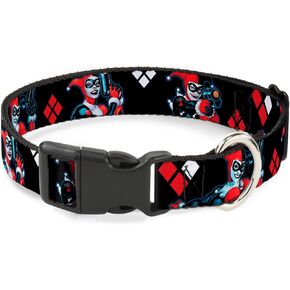 Plastic Clip Collar - Harley Quinn Shooting Poses Diamonds Black Red White - Narrow-Small 6-9"