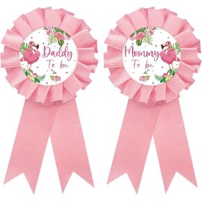 Flamingo Mom to Be Tinplate Badge Pin, Flamingo Daddy to Be Pin, Gender Reveal Button for New Parents, Pink Rosette Mom to Be Award Ribbon, Hawaiian Luau Aloha Baby Shower Party Favors
