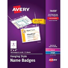 Avery Hanging Style Laser/Inkjet Name Badge Kit, 3" x 4", Clear Holders with White Inserts, 100/Box (74459)