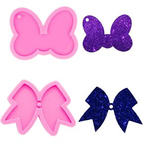 2 PCS Glossy Shiny Girl Women Bow Shape Gift Keychain with Hole Silicone Mold for DIY Fondant Trinket Gum Candy Pudding Jelly Shots Luggage Tag Cake Decor Crystal Earrings Pendant