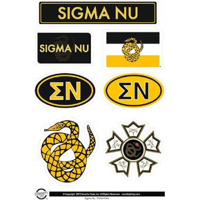 أوراق ملصقات الإخاء Sigma NU - ملصقات تركيز العلامة التجارية للأخوة فينيل مصممة خصيصًا مع تصميمات مرخصة رسميًا ، لاصق قابل للإزالة ، 7 ملصقات لكل ورقة