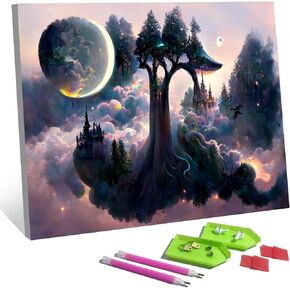 Meow Love DIY 5D Painting Diamond Kit مع قماش مؤطر (لا حاجة لتثبيت الإطار) ، العمل الفني الأصلي. التصنيع السهل وعلق الجدار. (غابة ضوء القمر ، 15.8x11.8 بوصة)