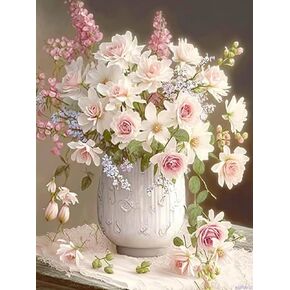 Hmdiimge White and Pink Flowers ، مجموعات الطلاء من الماس 5D ، مجموعة فنية للأحجار الكاملة للحجر الأحجار الكاملة للمبتدئين ، لديكور الغرفة وديكور الجدار 12x16 بوصة