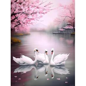 PuageMti البالغين مجموعات الطلاء الماس ، DIY الكرز أزهار الماس ، LAKE Landscape Circle Circle Diamond Art Kits ، farmhouse Decor Decor