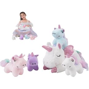 16 Inch Soft Unicorn Stuffed Animals PlaySet - Cuddle Plush Mommy With 4 Baby Rainbow Flying Plush Pillow Toy With Wings for Kids and Lovers