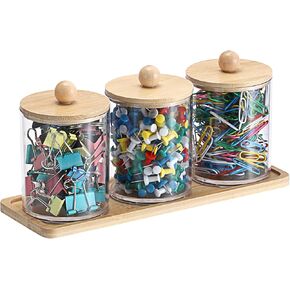 BTSKY 3 Pack PaperClip Holders with Bamboo Lids & Tray, Round Binder Holder for Desk, Clear Paper Clip Dispenser Small Office Supply Accessory Organizer Qtip Holder for Office Bathroom Vanity, Wood
