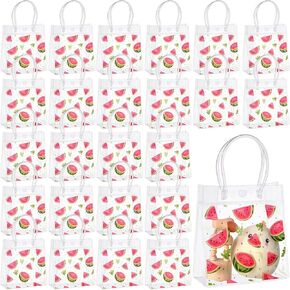 Kolldenn 24 Pcs Watermelon Party Treat Bags Plastic Clear Watermelon Gift Bags with Handles PVC Goodie Shopping Handbags for Summer Kid Birthday Baby Shower Wedding Party Decor, 5.9 x 6.3 x 2.7 Inches