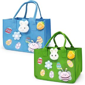 PARSUP 2PCS Easter Egg Hunt Bags Happy Easter Bunny Gift Bags with Handles, Easter Treat Bags, Felt Easter Bags for Gifts Wrapping, Egg Hunt Game, Easter Party Supplies, 12" x7.8" x6.8"(Green + Blue)