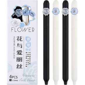4 Pcs Cute Flowers Pens Rotary Gel Pens Black Ink Pens Aesthetic Pens 0.5mm Fine Point Smooth Writing Pens Office School Supplies Women Girls Boys Men (4Pcs Flower-2)