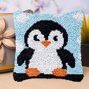 كرتون Penguin Latch Hook Pillow Kit للبالغين غطاء وسادة DIY مع القماش المطبوع الكروشيه غزل الإبرة حرفة وسادة مصنوعة يدويًا لزينة الأريكة المنزلية 43x43 سم