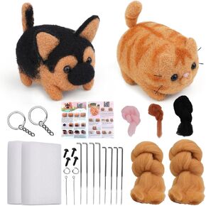 QMNNMA Needle Felting Kit, 2 Animals Needle Felting Sets, DIY Wool Felt Materials Set with Felting Tool and Instruction for Needle Felting Craft Project and DIY Handmade