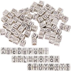 Sunnyclue 1 Box 104pcs 26 Styles Silver Letter Beads Square Alphabet Bead Kit Kit Metal Sloy Antique At To B Charm Hole Hole Groous Spacer Beads for Jewelry Making Netclets Diy Crafts