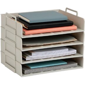 Mind Reader Stackable Paper Tray, Desktop Organizer, File Storage, Office, Plastic, 13.75" L x 10" W x 10.75" H, 4 Pcs., Beige