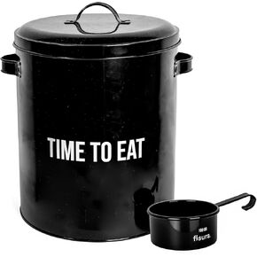 Fisura – Black time to eat Pet food container. Pet feed container with lid and measuring scoop. Metal food container for dogs and cats. 5 kg capacity