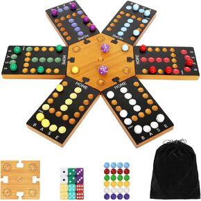 لعبة Marble Board ، لعبة Wooden Board لـ 4 و 6 لاعبين ، لعبة Marble الأصلية المحمولة مع 24 Marbles 12 Dice for Family Party Game Night Black