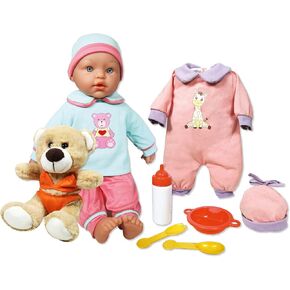 Lissi: Baby Doll Billie & Little Bear - 15 "Blue & Pink - 8 قطع مجموعة ث/حشو دب ، ملابس إضافية ، إكسسوارات الطعام ، Play Play Kids Age 2+