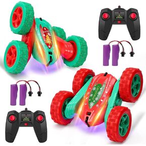 2Pack عيد الميلاد على غرار سيارة التحكم عن بعد سيارة RC Stunt Car للأطفال ، 2.4 جيجا هرتز مركبة زاحف عالي السرعة الصخور ، 360 دوارة 4WD على الطريق مزدوج الوجه الدوران مع 4 بطارية قابلة لإعادة الشحن ， أحمر+أخضر